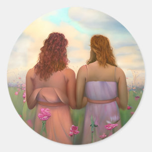Sticker Rond Beau couple lesbien dans le pré des fleurs