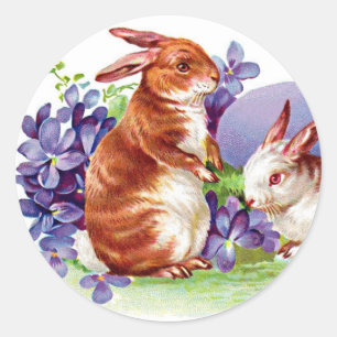 Sticker Rond Beau lapin de Pâques - lapins et violettes