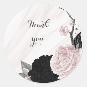 Sticker Rond Beau marbre noir & rose fleurs