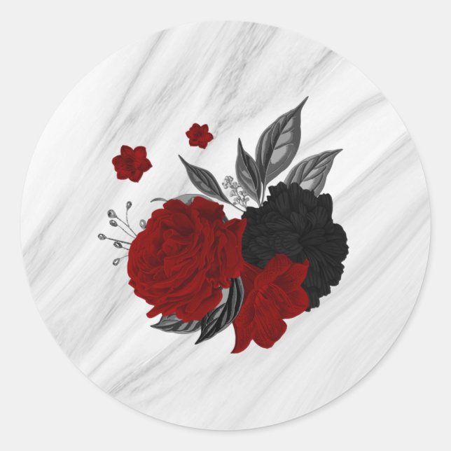 Sticker Rond Beau marbre noir & rouge fleurs (Devant)