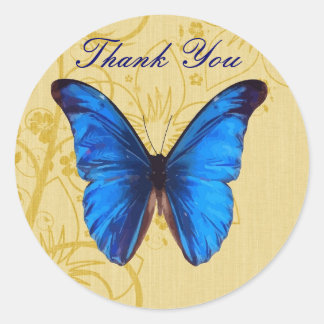 Sticker Rond Beau Merci papillon bleu art Vintage