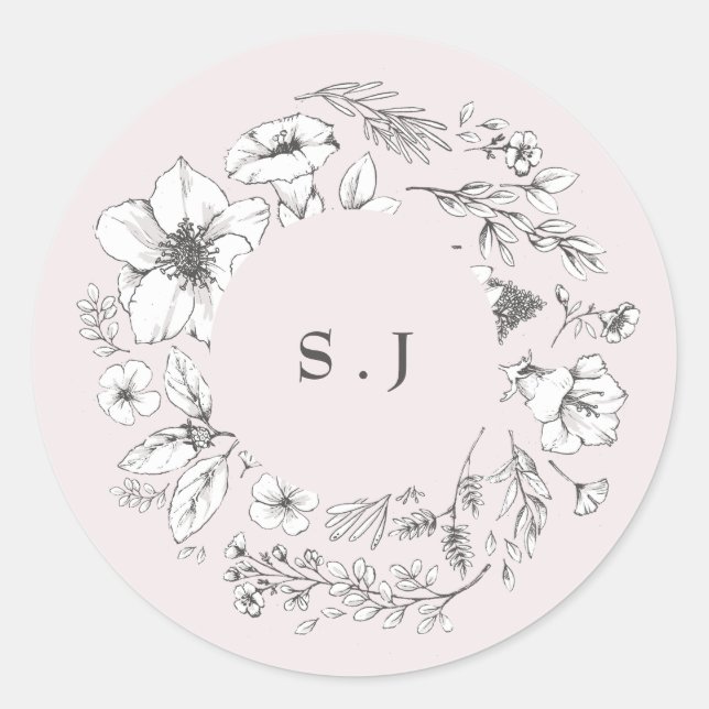 Sticker Rond Beau Monogramme Floral Blush Sketched Wreath (Devant)