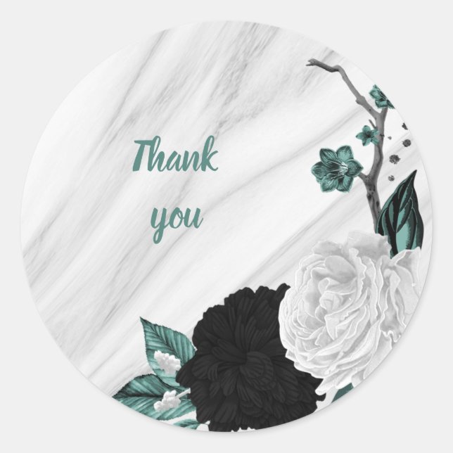 Sticker Rond Beau noir blanc turquoise fleurs marbre (Devant)