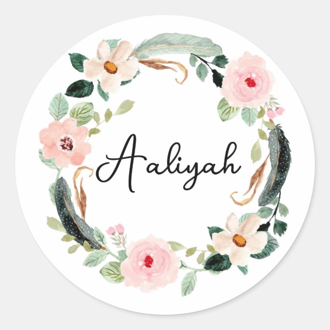 Sticker Rond Beau nom personnalisé Monogram Floral Wreath (Devant)