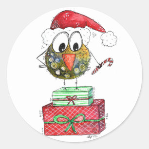 Sticker Rond Beau Oiseau de Noël Whimsical