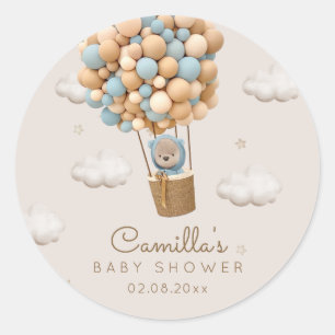 Sticker Rond Beau Ours Avec Ballons Baby shower Garçon