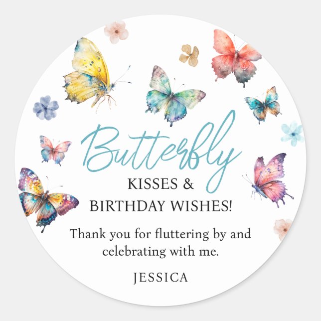 Sticker Rond Beau papillon aquarelle fille's Birthday (Devant)