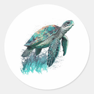 Sticker Rond Beau Paysage Maritime Avec Majestic Tortue De Mer