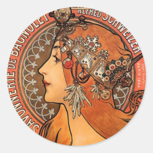 Sticker Rond Beau profil féminin - Mucha