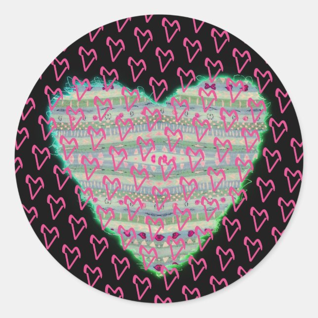 Sticker Rond Beaucoup Jolly Happy Coeurs vert et rose (Devant)