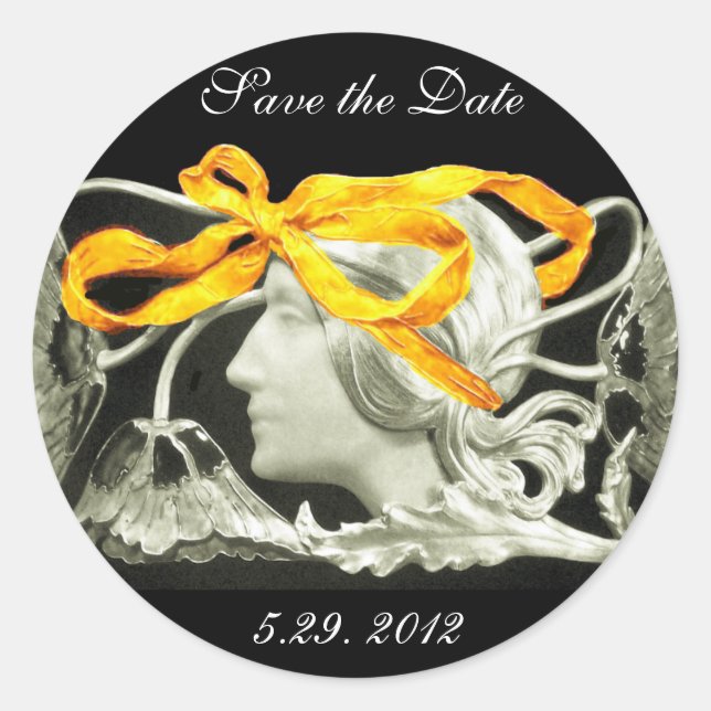 STICKER ROND BEAUTÉ ÉLÉGANTE / FEMME AVEC BOW JAUNE ET FLEURS (Devant)