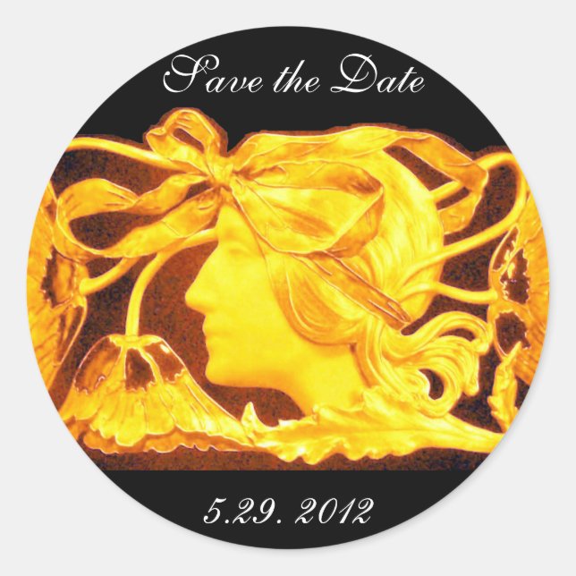 STICKER ROND BEAUTÉ ÉLÉGANTE / FEMME AVEC BOW JAUNE ET FLEURS (Devant)