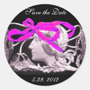 STICKER ROND BEAUTÉ ÉLÉGANTE / FEMME AVEC BOW ROSE ET FLEURS