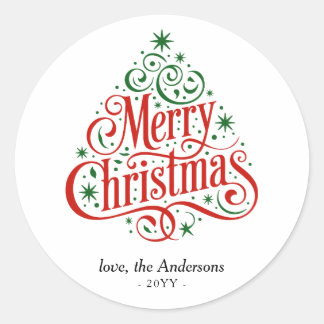 Sticker Rond Beautiful Calligraphy Merry Christmas Tree Custom