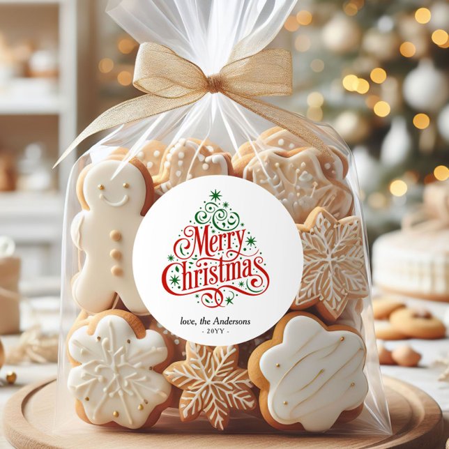 Sticker Rond Beautiful Calligraphy Merry Christmas Tree Custom  (Créateur téléchargé)