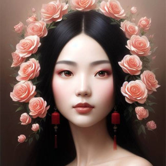 Sticker Rond Beautiful Chinese woman with roses aiart