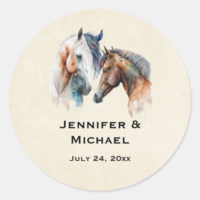 Sticker Rond Beaux Chevaux Western Boho Style Mariage Date (Devant)