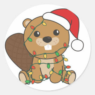 Sticker Rond Beaver Noël Animaux d'hiver Beaver Classic Rou