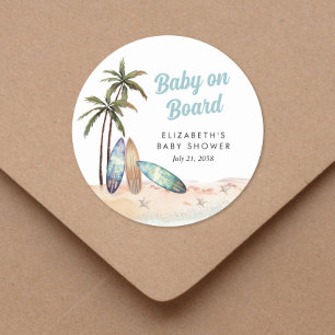Sticker Rond Bébé À Bord Du Baby shower De Plage Surf