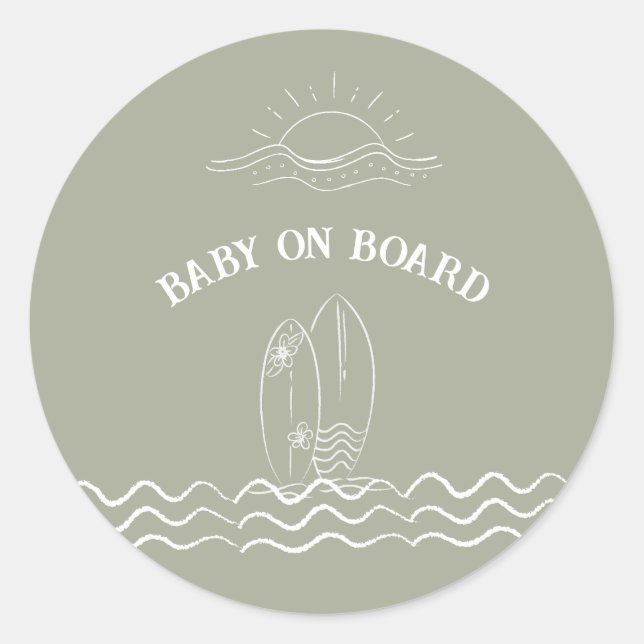 Sticker Rond Bébé à bord du Baby shower de surf (Devant)