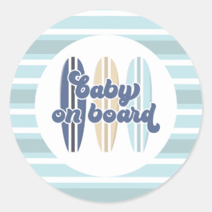 Sticker Rond Bébé à bord Surfboard Beach Baby shower Classic