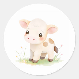 Sticker Rond Bébé adorable Vache d'aquarelle de veau de vache S