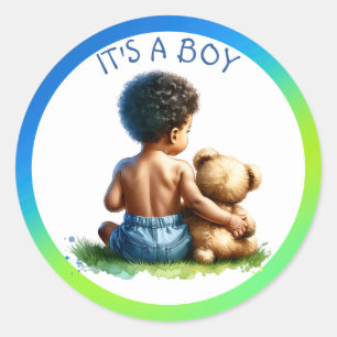 Sticker Rond Bébé afro-américain avec Baby shower Teddy