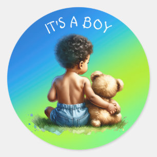 Sticker Rond Bébé afro-américain avec Baby shower Teddy