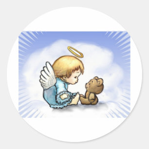 Sticker Rond Bébé ange et ours en peluche