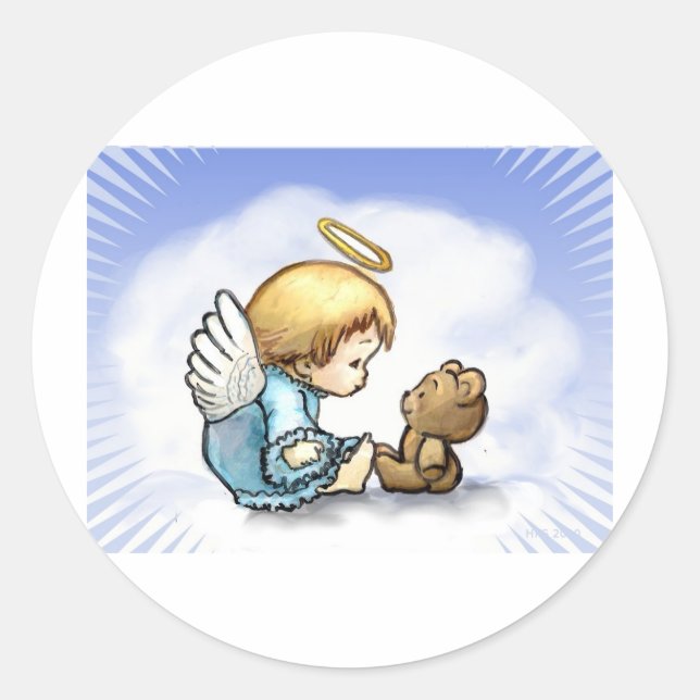 Sticker Rond Bébé ange et ours en peluche (Devant)