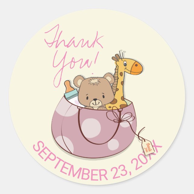 Sticker Rond Bébé Animaux Baby shower Merci (Devant)