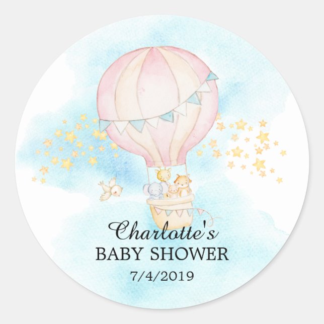 Sticker Rond Bébé Animaux Hot Air Balloon Baby shower à tour (Devant)