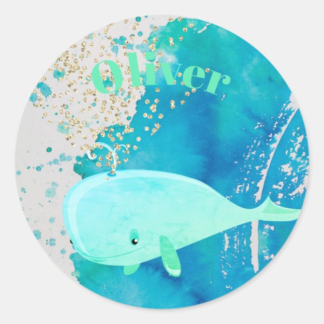 Sticker Rond Bébé Baleine Étincelle Bleu Nautique Personnel (Devant)