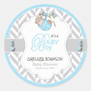 Sticker Rond Bébé Bleu, Baby shower de singe gris blanc