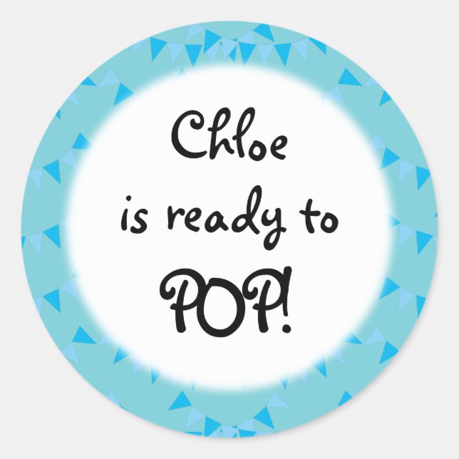 Sticker Rond Bébé Bleu Bunting Prêt à POP! Baby shower (Devant)