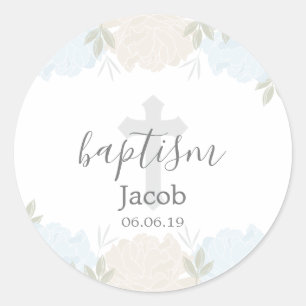 Sticker Rond Bébé Bleu et ivoire Floral Baptême bébé