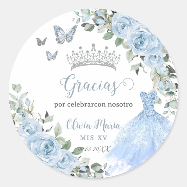 Sticker Rond Bébé Bleu Floral Princesse Robe Argent Quinceañera (Devant)