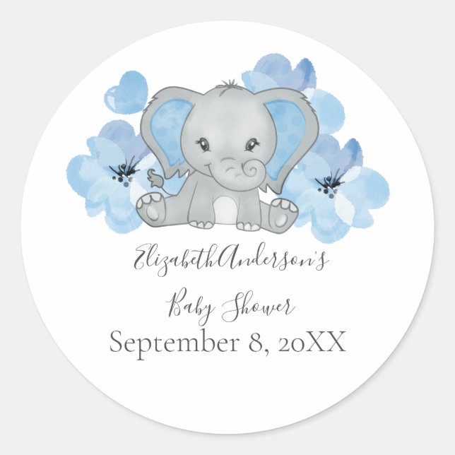 Sticker Rond Bébé bleu garçon éléphant Baby shower fleurs ballo (Devant)