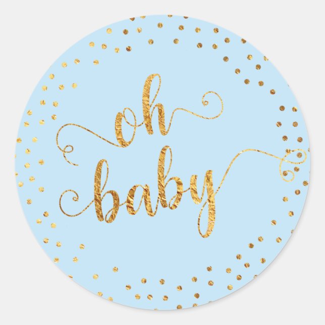 Sticker Rond Bébé Bleu "Oh Bébé" Faux Gold Foil Confetti (Devant)