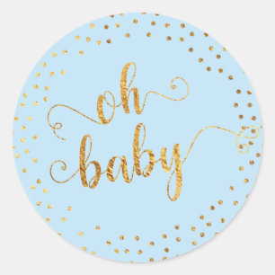 Sticker Rond Bébé Bleu "Oh Bébé" Faux Gold Foil Confetti