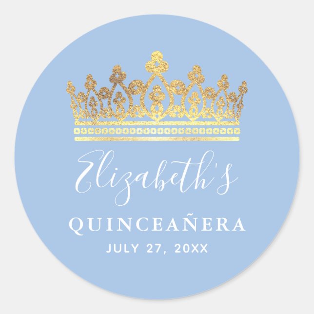 Sticker Rond Bébé Bleu Or élégant Couronne Quinceanera (Devant)