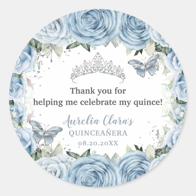 Sticker Rond Bébé Bleu Papillons Floraux Tiara QUINCEAÑERA (Devant)