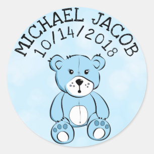 Sticker Rond Bébé bleu personnalisé Teddy Bear Faire-part