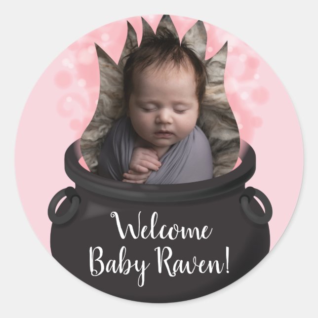 Sticker Rond Bébé brasse sorcière Faire-part de naissance rose  (Devant)