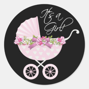 Sticker Rond Bébé calèche rose