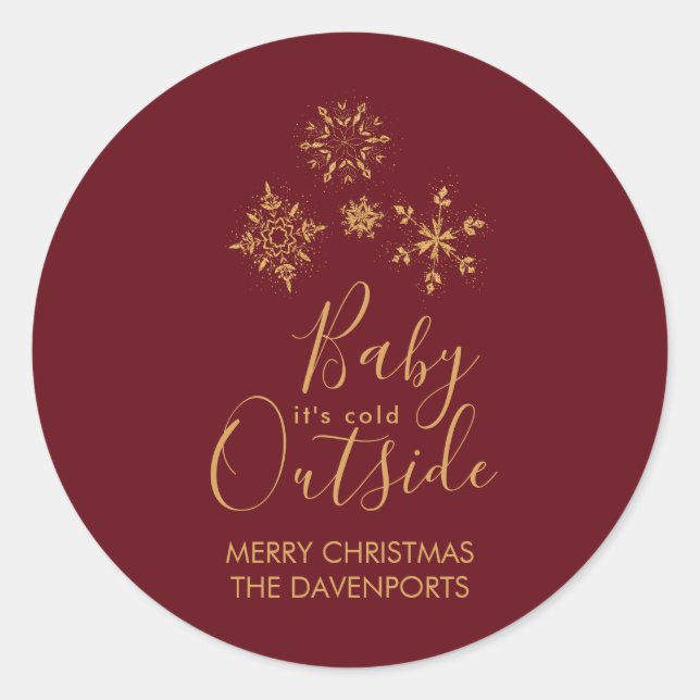 Sticker Rond Bébé c'est froid dehors Golden Snowflakes (Devant)
