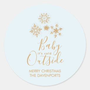 Sticker Rond Bébé, c'est froid dehors Snowflakes or sur Blue