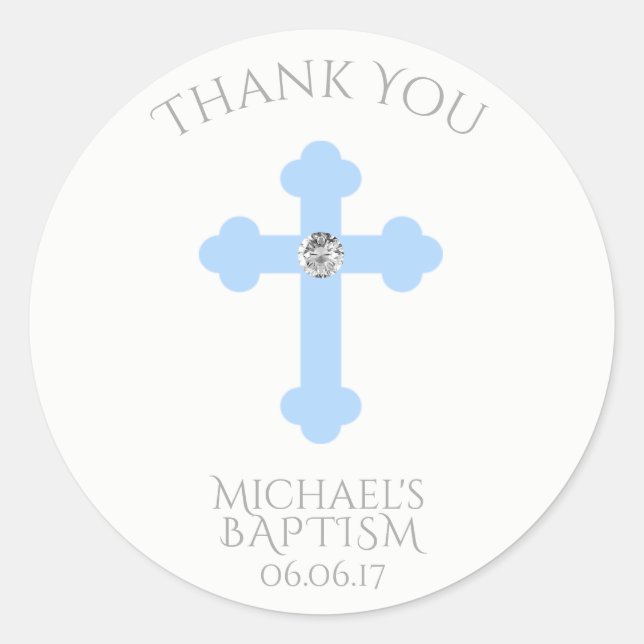 Sticker Rond Bébé Croix Bleue Baptême / Christening Merci garço (Devant)