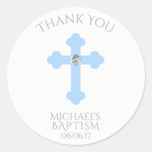 Sticker Rond Bébé Croix Bleue Baptême / Christening Merci garço