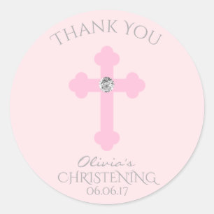 Sticker Rond Bébé Croix rose Baptême / Christening Merci fille